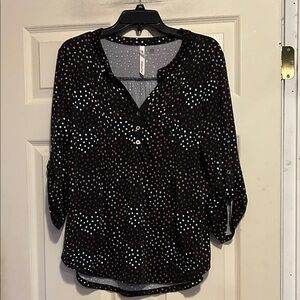 NY Collection Black Brown and White Printed Pintuck Top Size Medium